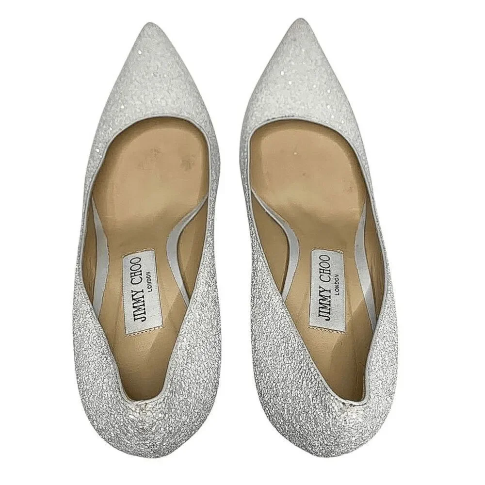 Jimmy Choo Love 85 White Coarse Glitter Heels EU 40.5 Slip On Wedding Pumps